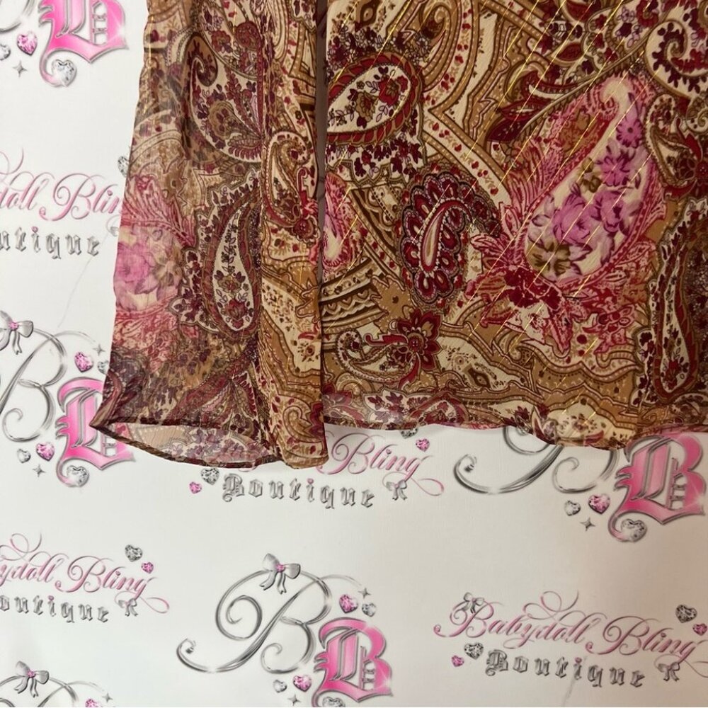 Laura long sleeve blouse shirt shiny gold Paisley V-Neck Blouse - Pink and Brown - Picture 2 of 6